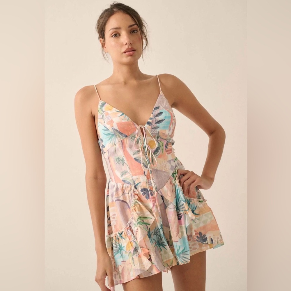 Promesa Miami Heat Tropical Motif-Print Tie-Front Romper Sz. Small Pastel Floral
